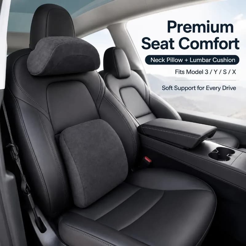 Ergonomic Car Headrest Pillow Lumbar Support Set for Model 3 Y S X, Soft Suede Neck and Lower Back Driving Cushion