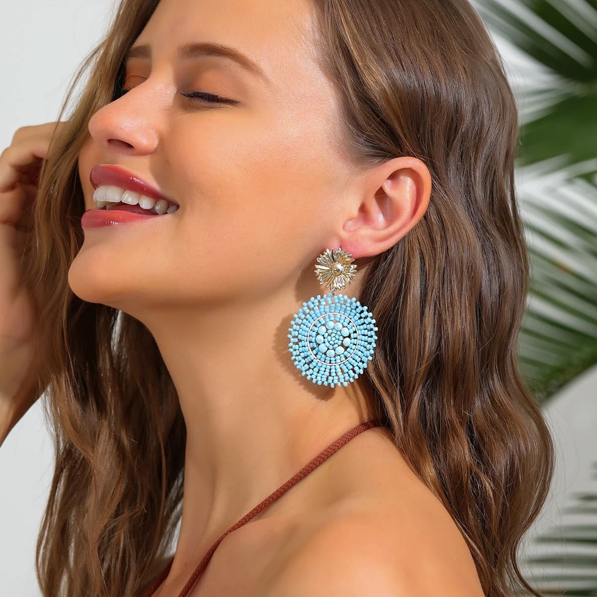 Ethnic Boho Earrings with Irregular Flower Beads for Women, Elegant Round Earrings Handmade, Summer Jewelry for Holidays # I