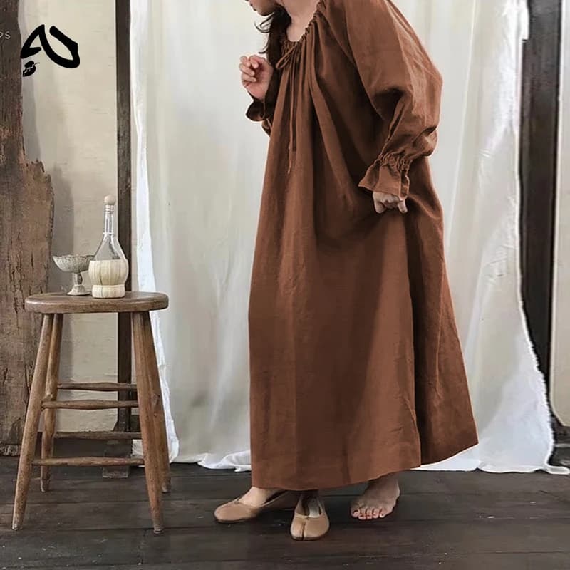 Women's Vintage Mori Dress in Cotton and Linen, Long Sleeved Casual Dress with Big Balze, Mori Girl Style