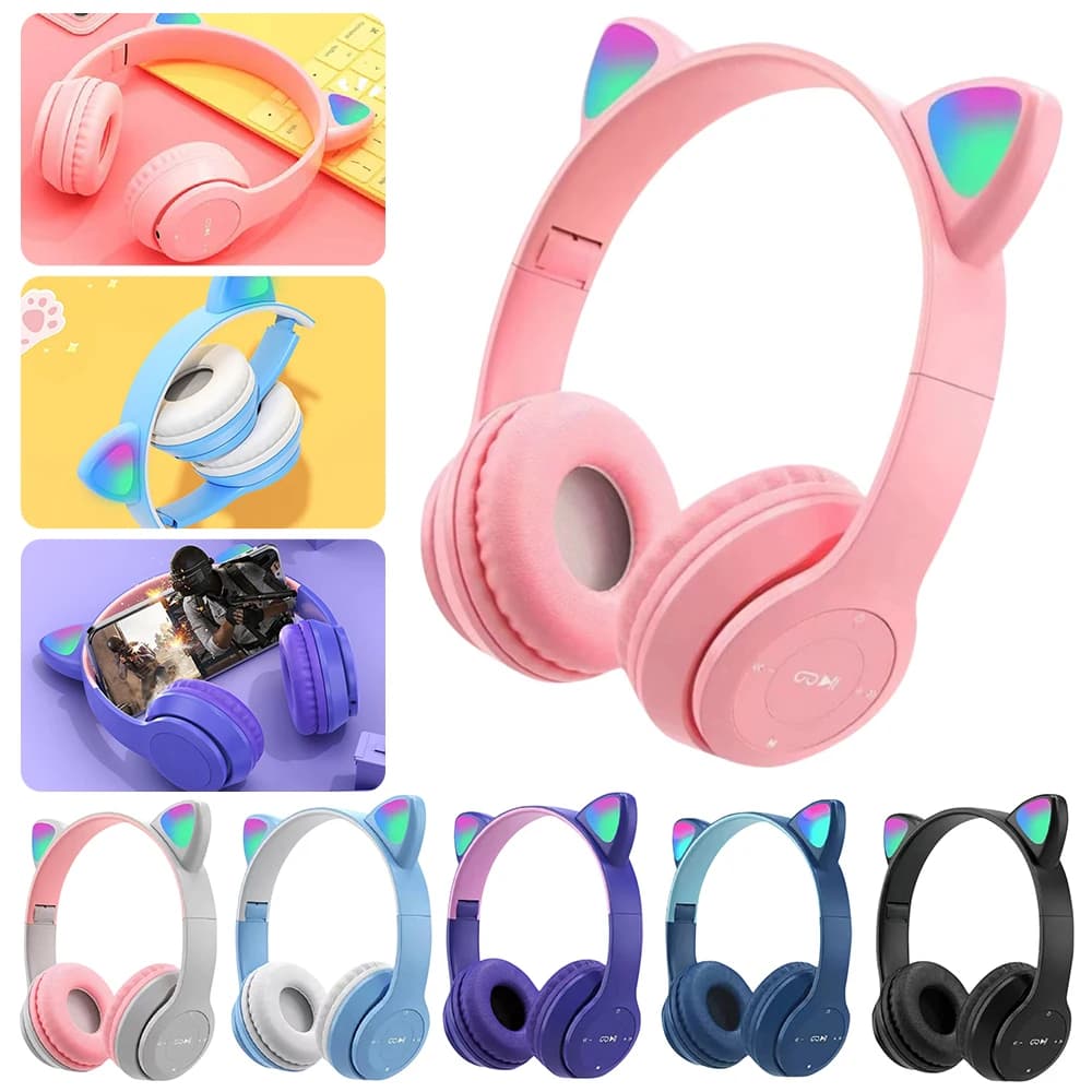 P47M Auricolare Bluetooth senza fili Gamer Cat LED Light Auricolari pieghevoli con cancellazione del rumore Cuffie wireless Auricolari Bluetooth