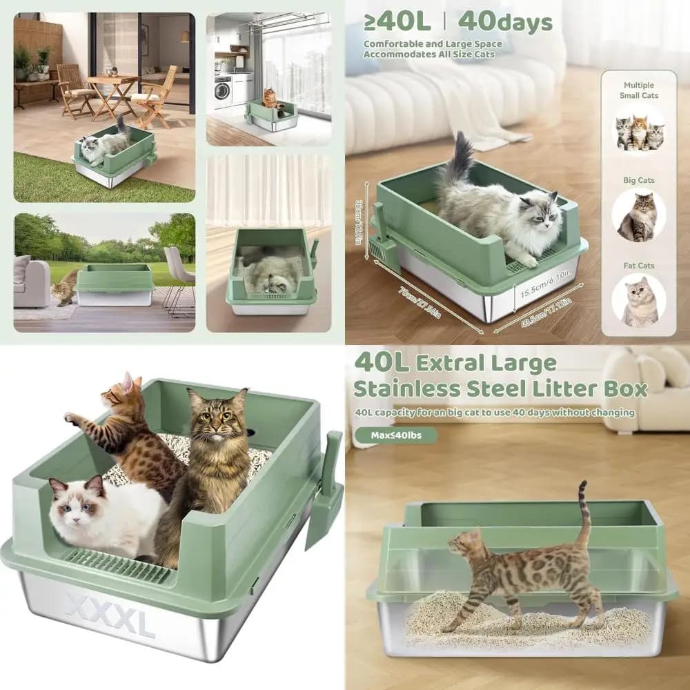 Lettiera Extra Large 28x20x12 in Acciaio Inossidabile con Bordi Alti per Gatti Grandi, Anti-Perdita, Facile da Pulire (Verde)
