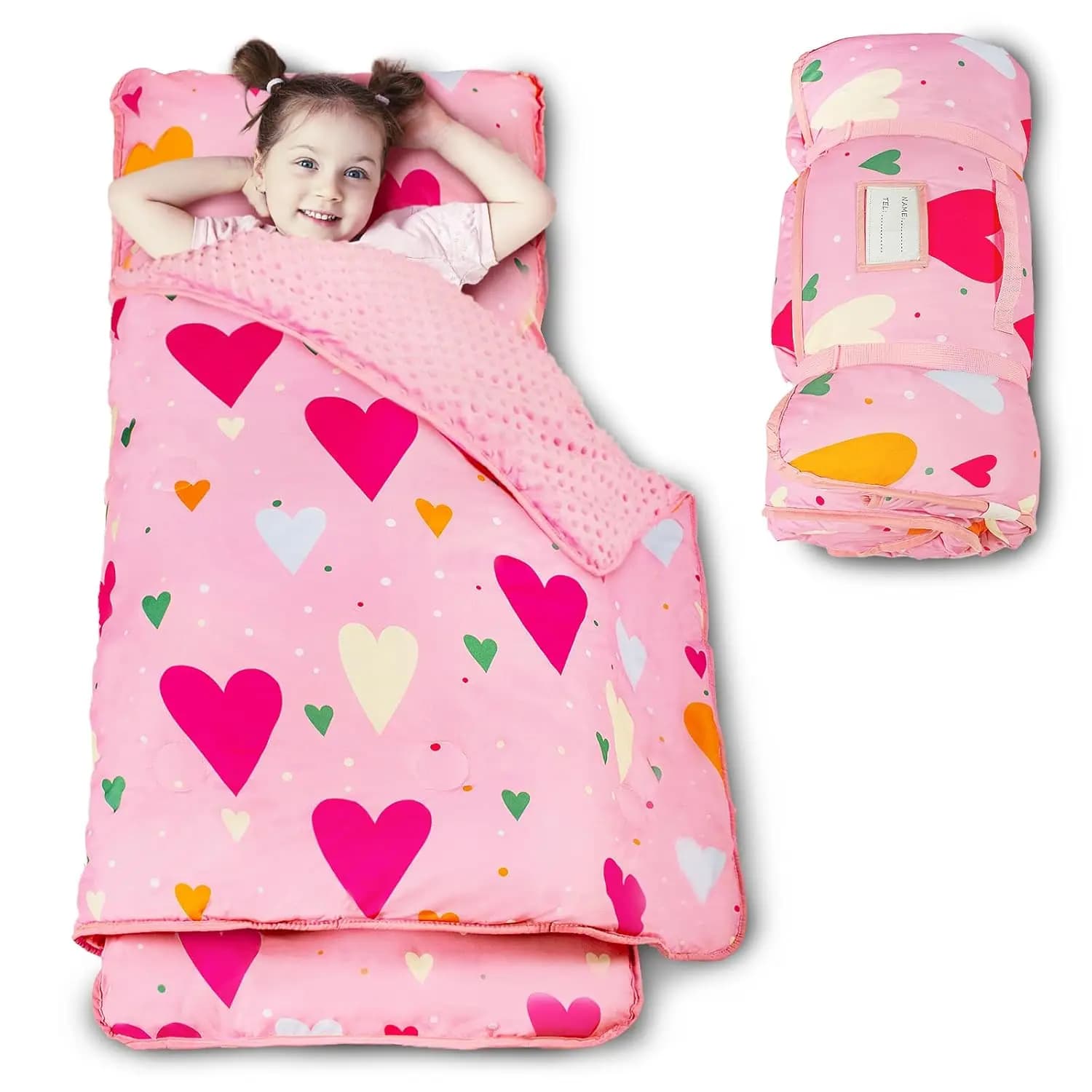Large children's rest pad (140x89 cm) with pillow and blanket in minky, washable, light, easy to roll for nursery, kindergarten, travel