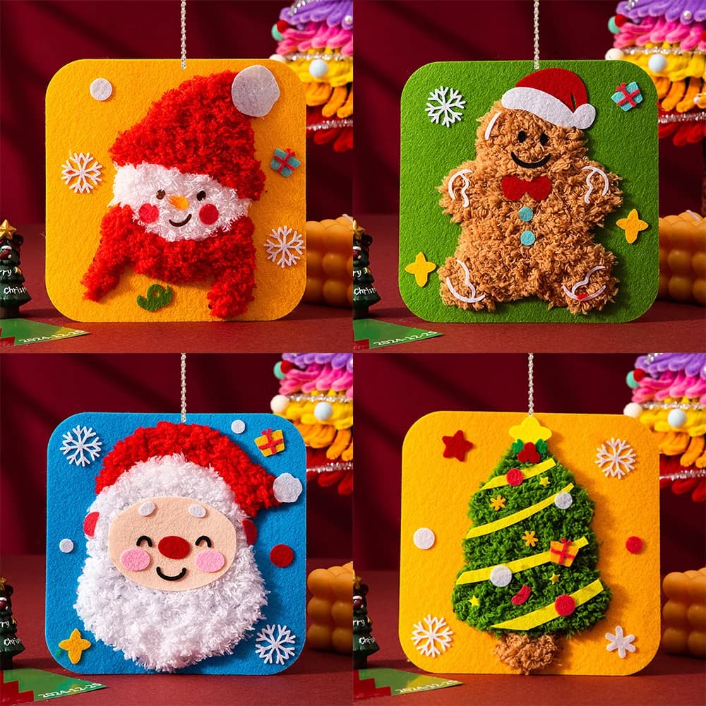 4pcs Christmas Felt Sewing Kit for Beginners - DIY Pre-Punched Santa, Easy Threading Cards with Needles, Holiday Craft Activity