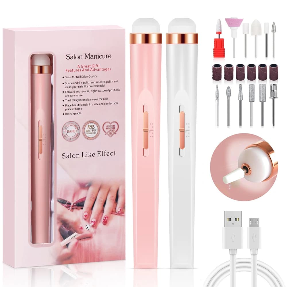 YIKOOLIN Set per la cura delle lime per unghie portatile luce a LED regolabile a 4 velocità con 12 punte per trapano con attacco carica USB uso domestico