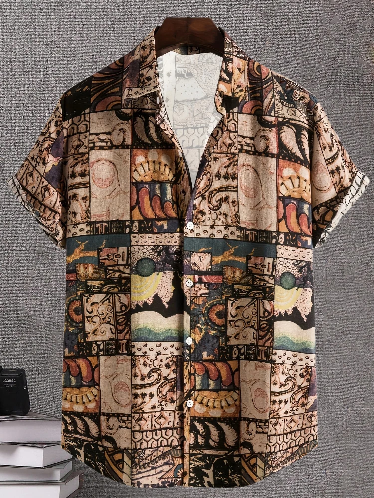 Men Short Sleeve Button Down Shirt Vintage Tribal Mosaic Patchwork Print Polyester Casual Holiday Beach Blouse