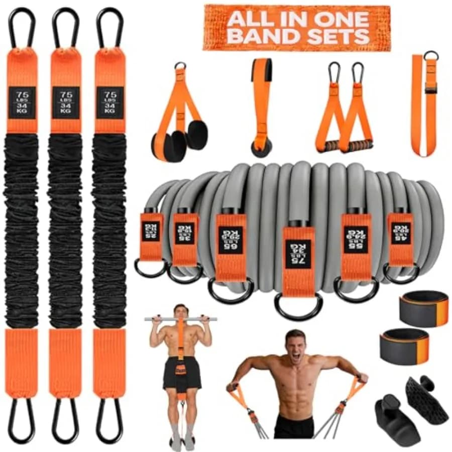 Allenamento di forza: fasce di resistenza in lattice, nere, combo 2-in-1 con 18 fasce pesanti 300LBS/225LBS, maniglie antiscivolo, cinturini per caviglie