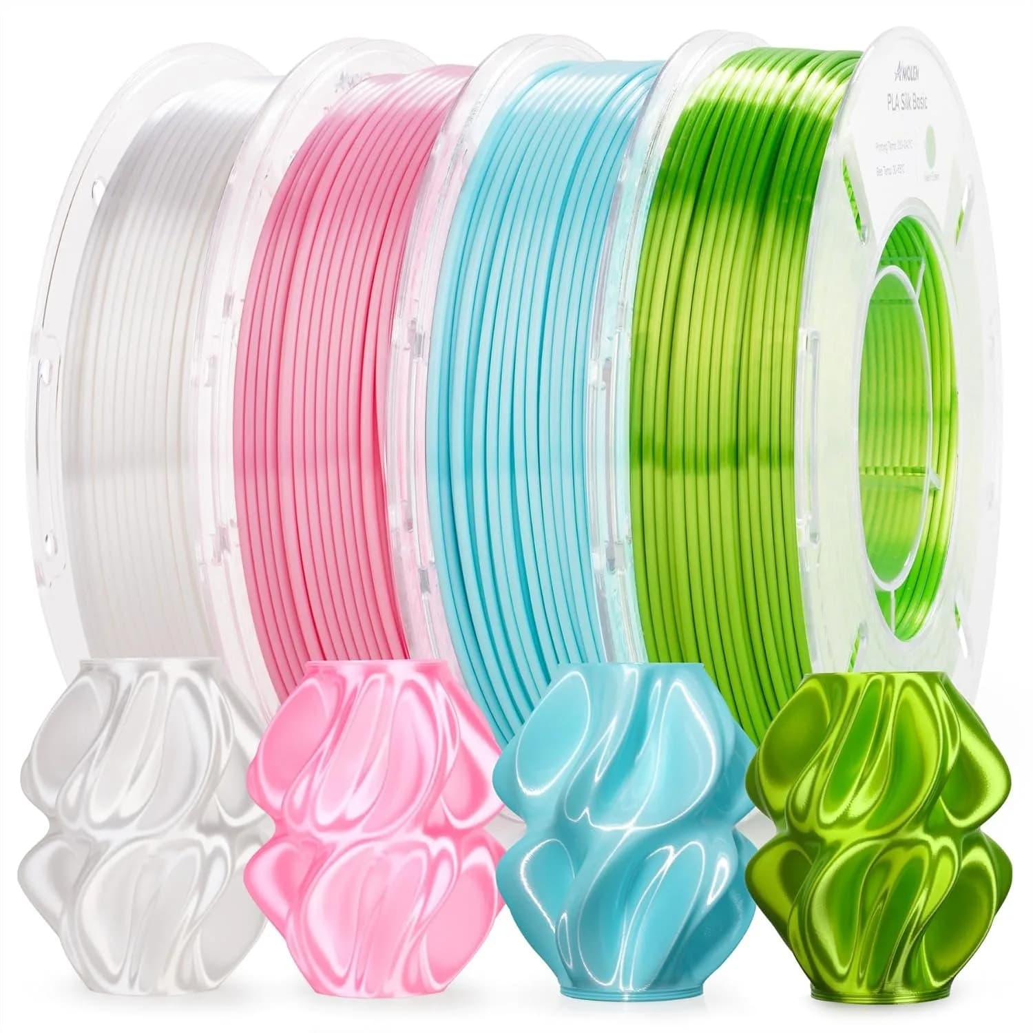 Filamento PLA Seta 1.75mm, Confezione da 4 Colori da 200g Ciascuno, Finitura Liscia e Lucida per Stampa 3D, Alta Precisione ±0.02mm