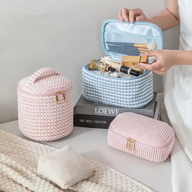 Borse per il trucco in peluche da donna Custodia per cosmetici con cerniera scozzese Custodia per cosmetici portatile