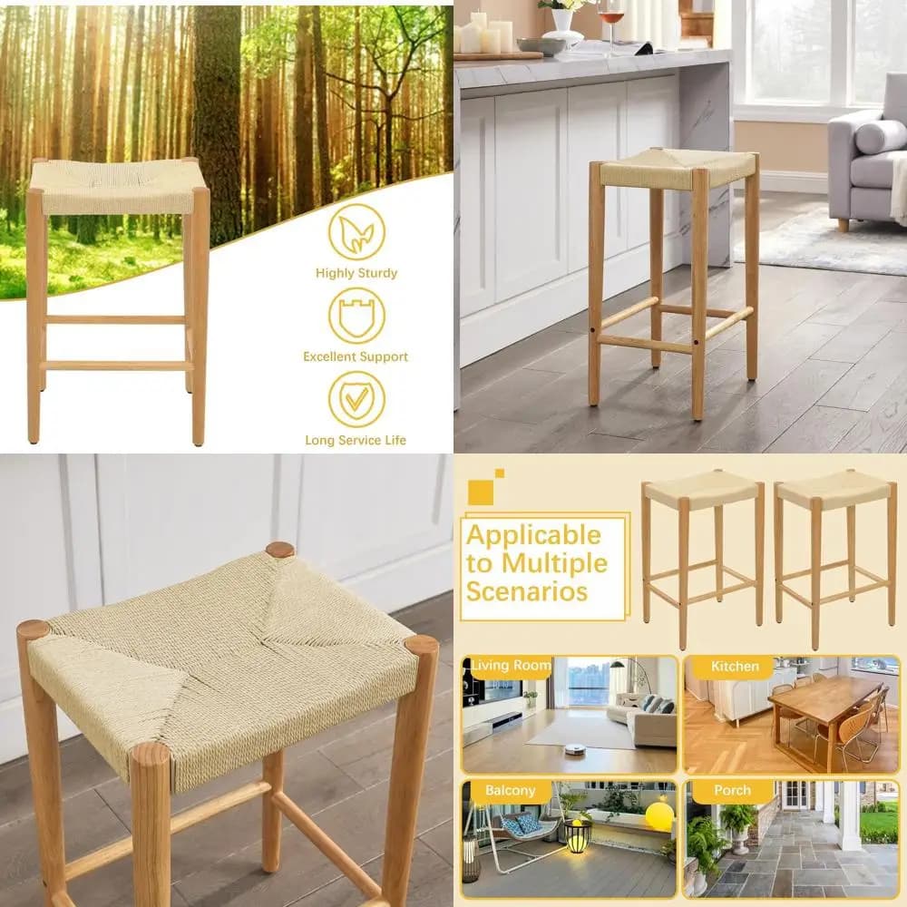 Set di 2 sgabelli da bar, sgabelli da bar alti 26 pollici con seduta e poggiapiedi intrecciati, sedie da bar senza schienale in stile boho con struttura in legno di gomma