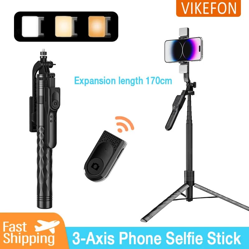 Supporto per telefono cellulare con testa anti-vibrazione a 3 assi, telecomando Bluetooth, retrattile, 1,7 metri, con supporto Flash Live