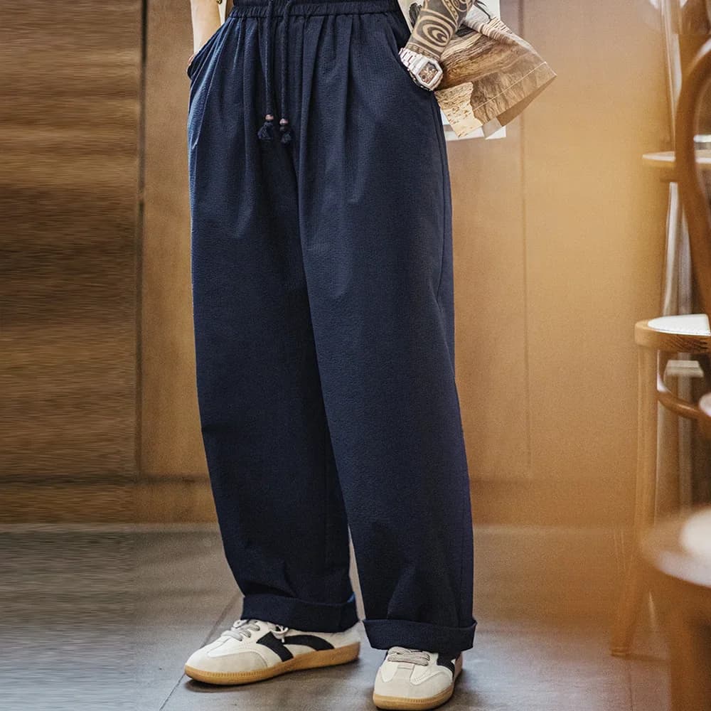 Maden Pantaloni Seersucker in vita elastica leggera da uomo casual Pantaloni larghi traspiranti a gamba larga Blu navy Pantaloni versatili