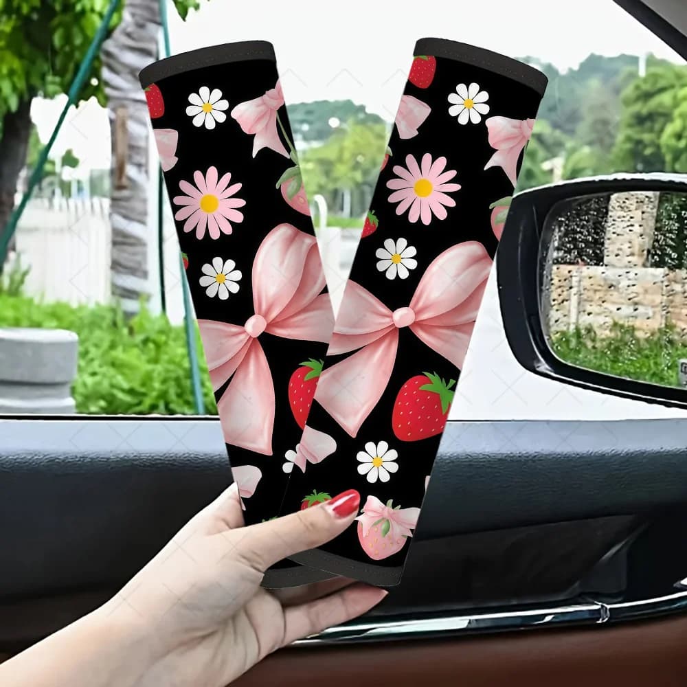 2pcs Strawberry, Bow Daisy Car Seat Belt Cover, Cute Strawberry Bow Daisy Design, Multifunctional Car Seat Belt Cover