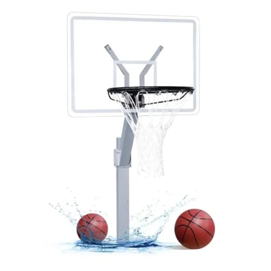 Canestro da basket premium per piscina interrata, sistema regolabile in lega di alluminio antiruggine con tabellone in acrilico trasparente e rivestimento in vinile da 18 pollici