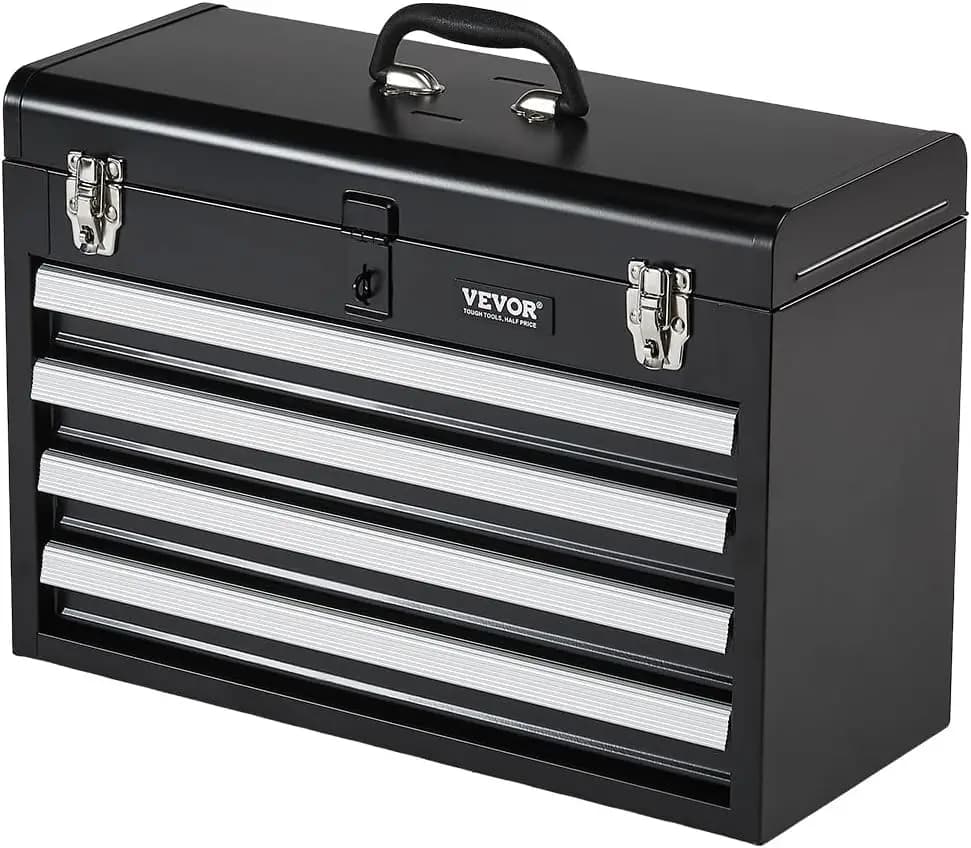 20.5 inch portable metal toolbox with 4 drawers, slides with ball bearings, locking system and powder coated finish for secure storage