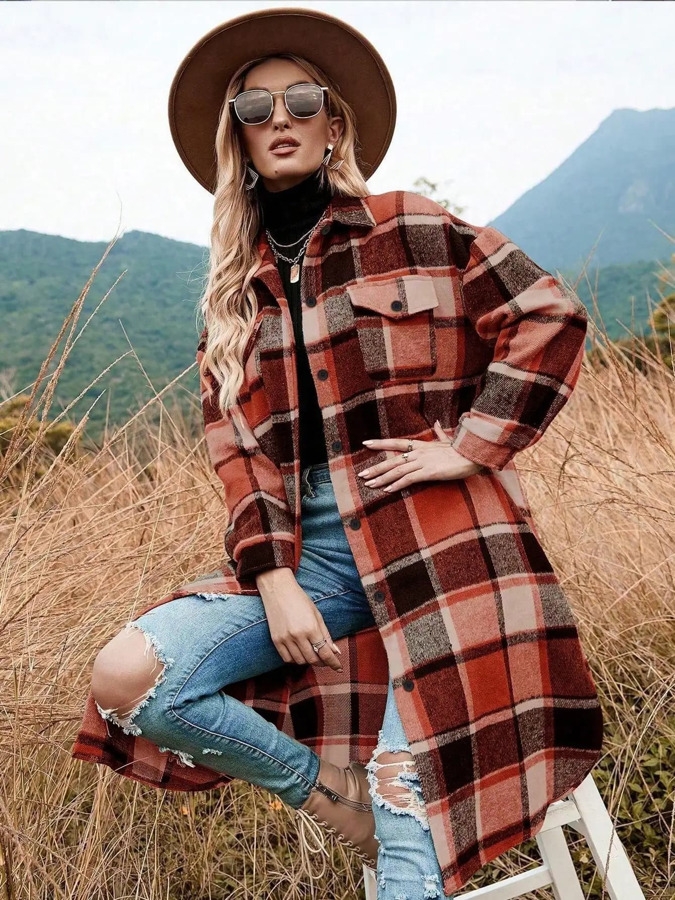 Giacca da donna a quadri a maniche lunghe con bottoni, capospalla casual per l'autunno inverno