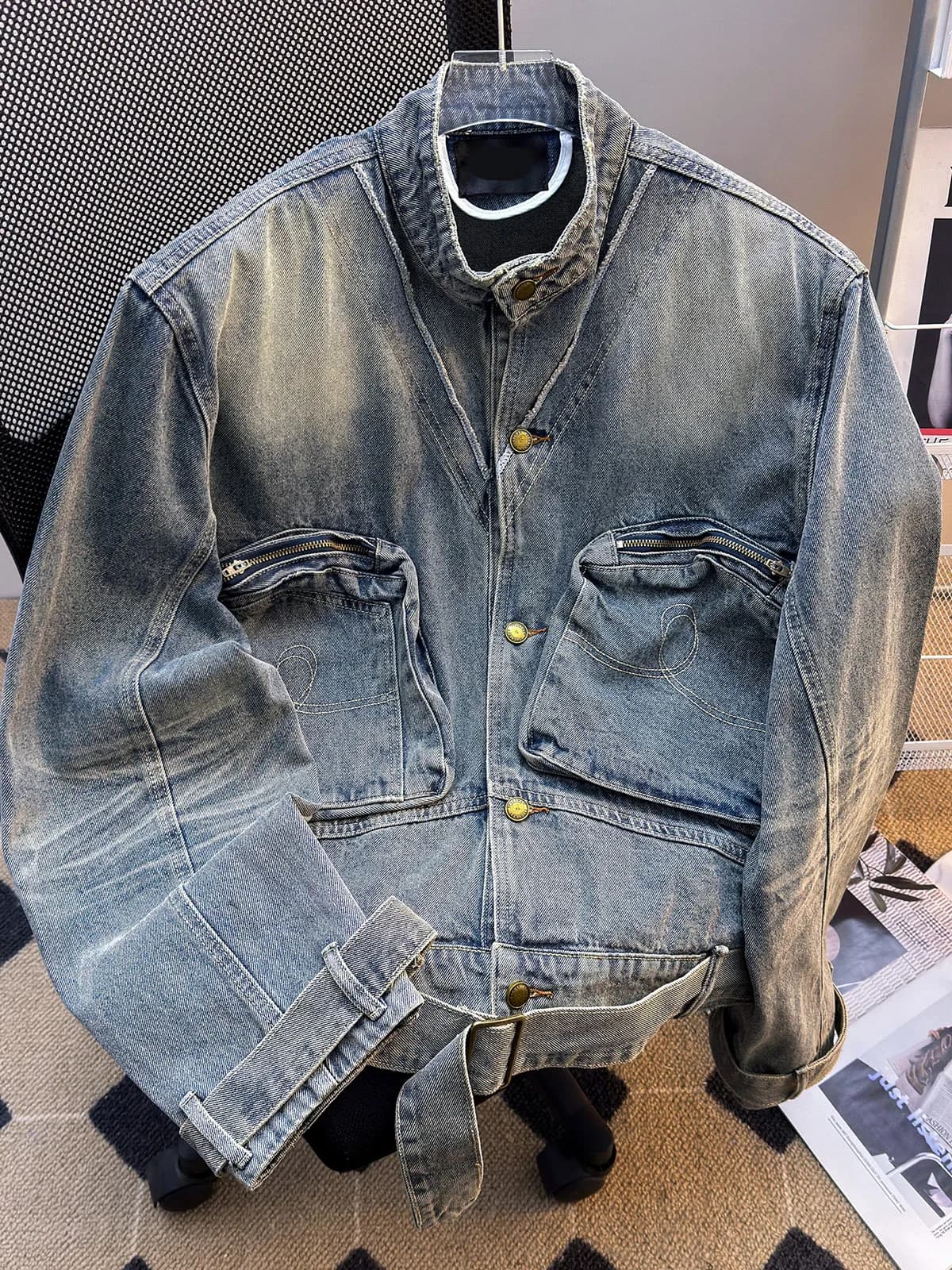 Women Blue Cropped Denim Jacket Vintage Harajuku Long Sleeve Oversize Jean Jacket with Belt Outerwear Y2k Denim Coat Autumn 2025