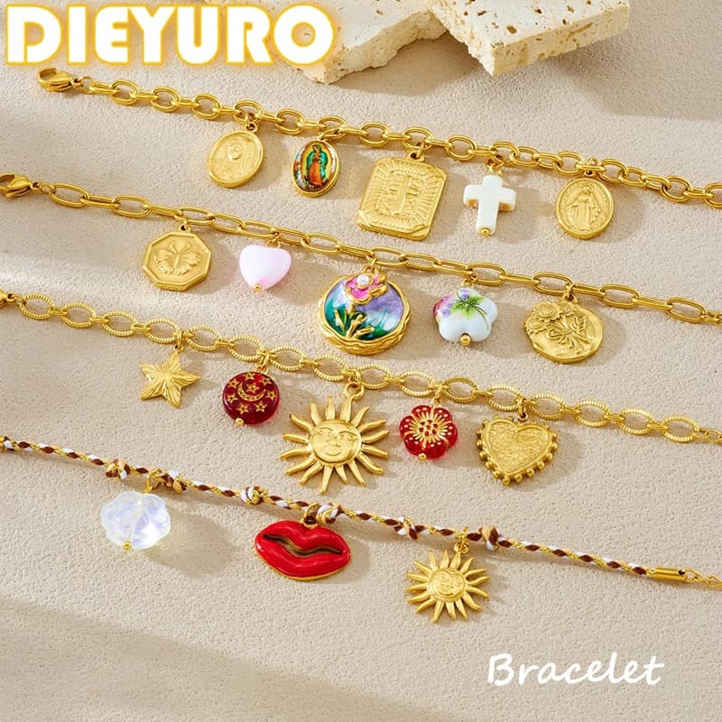 DIEYURO Bracciale con ciondolo Maria a forma di cuore con croce di fiore dorato in acciaio inossidabile 316L Lady Nuovi gioielli classici di lusso con catena da polso
