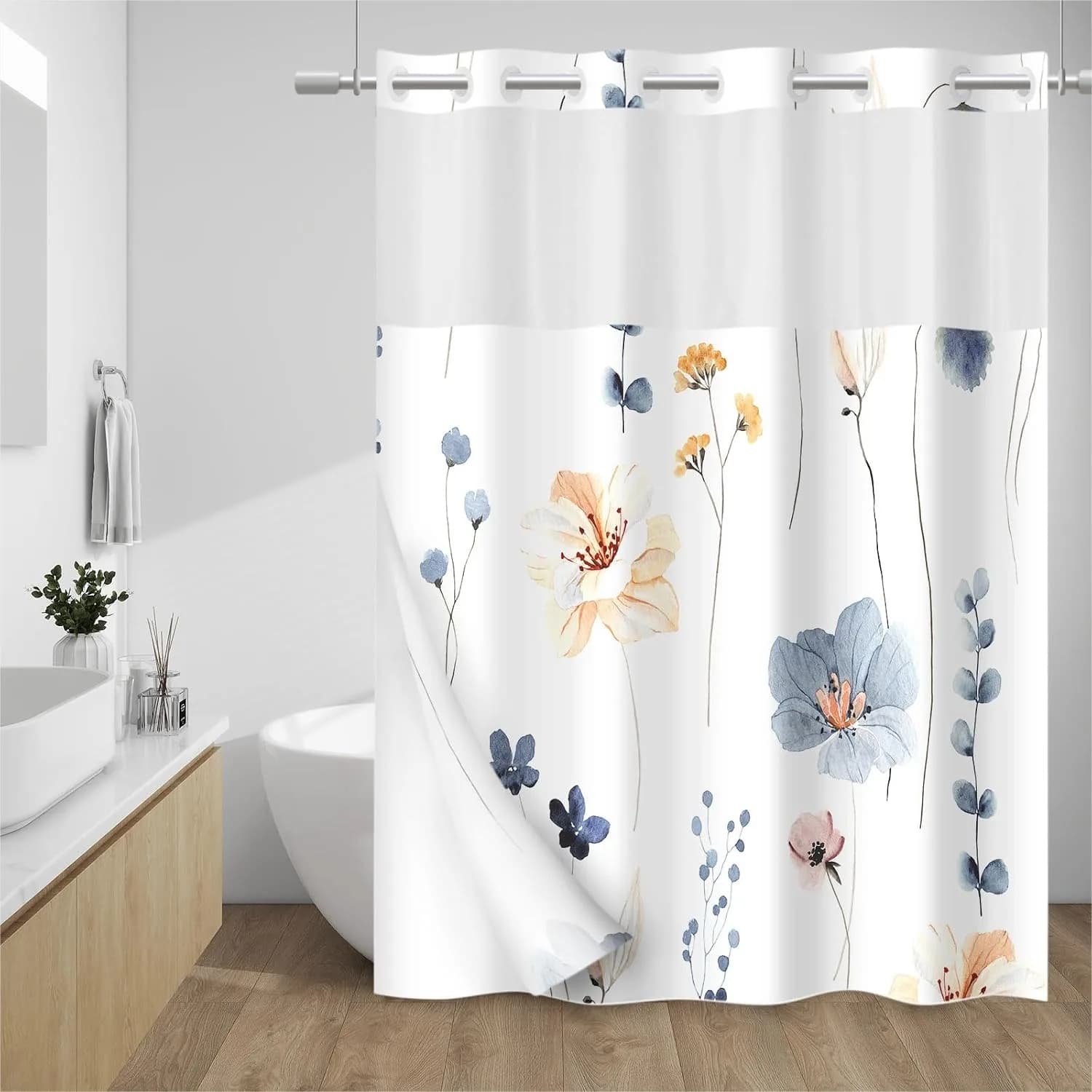 Watercolor Floral Shower Curtain with Snap-in Liner, Removable Water Repellent Liner, Easy Install Machine Washable, Hotel