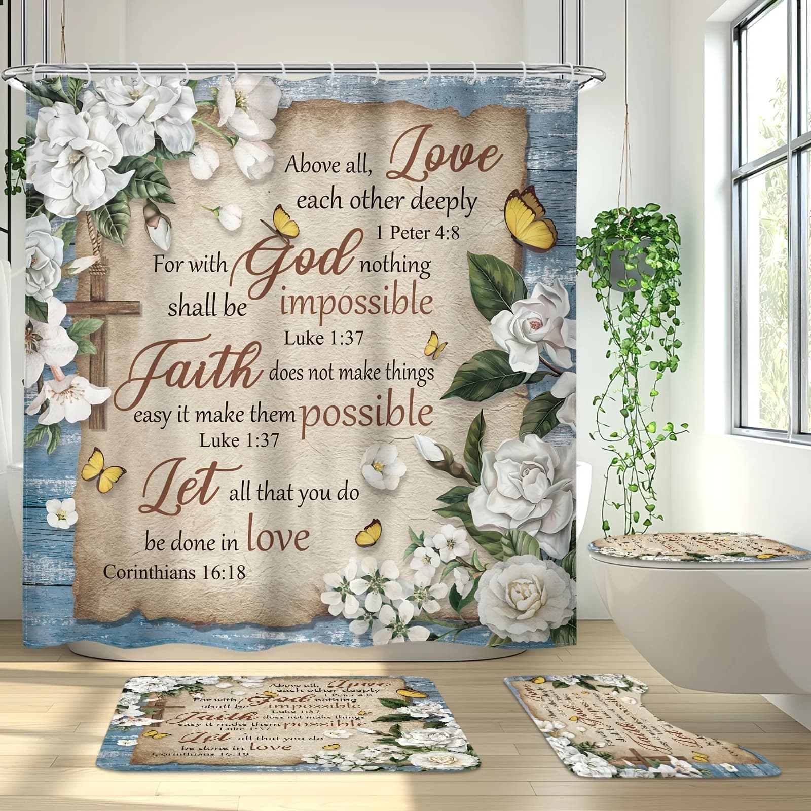 Inspirational Faith Bathroom 4-Piece Set: Shower Curtain, Bath Mat, Toilet Cover, and Tank Cover – Elegant Home Decor