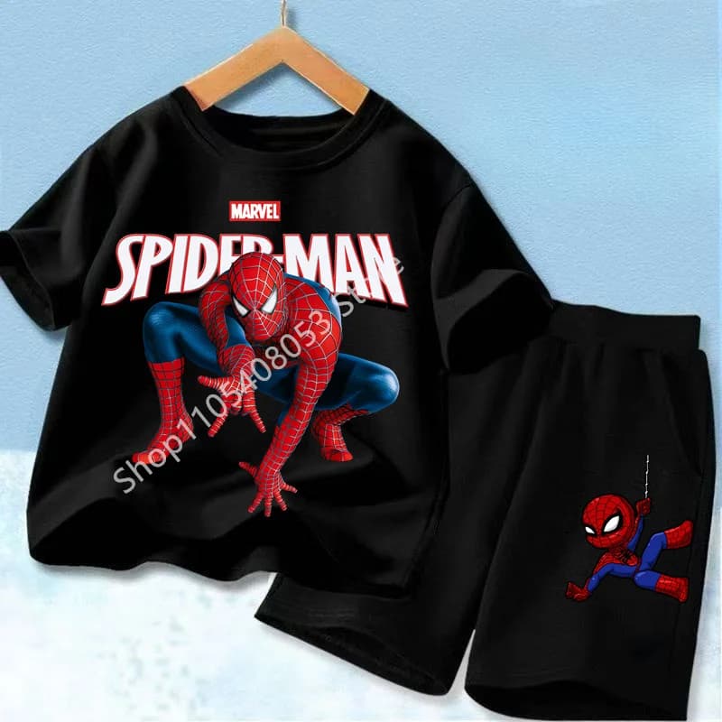 Set T-shirt e Pantaloncini Estivi Spider-Man con Stampa Cartoon - Completo Sportivo in Puro Cotone a Maniche Corte per Bambini - Top Casual per Ragazzi