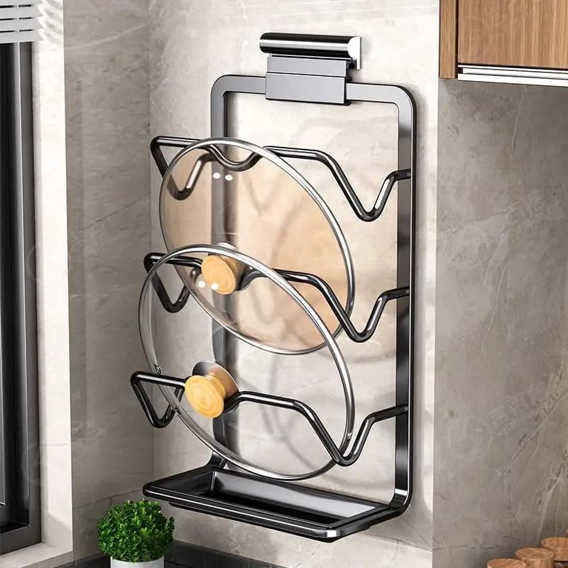 Multi-Functional Kitchen Storage Rack Pot Lid Holder Wall-Mounted No-Drilling Multi-Layer Cutting Board Stand Organizer