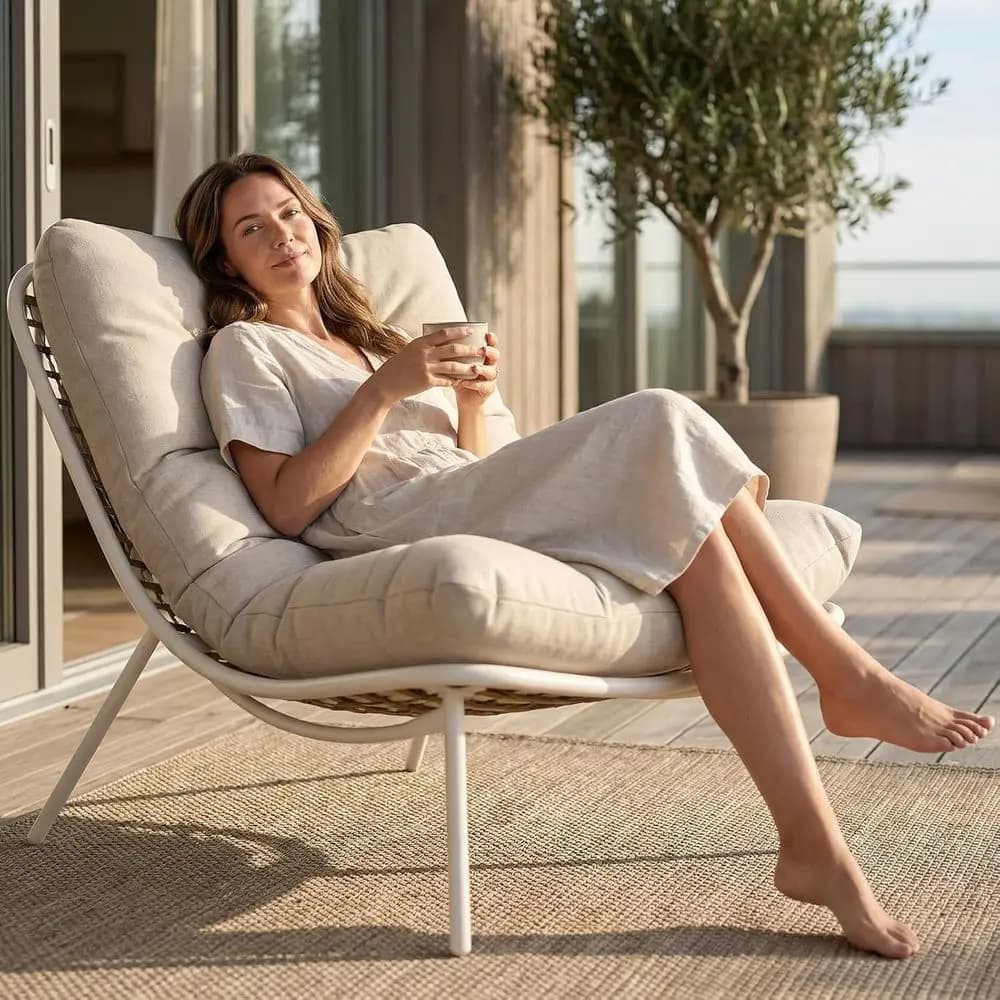 Sedia Reclinabile Papasan Imbottita da Esterno, Comoda Chaise Longue in Vimini per Patio, Balcone, Bordo Piscina - Crema