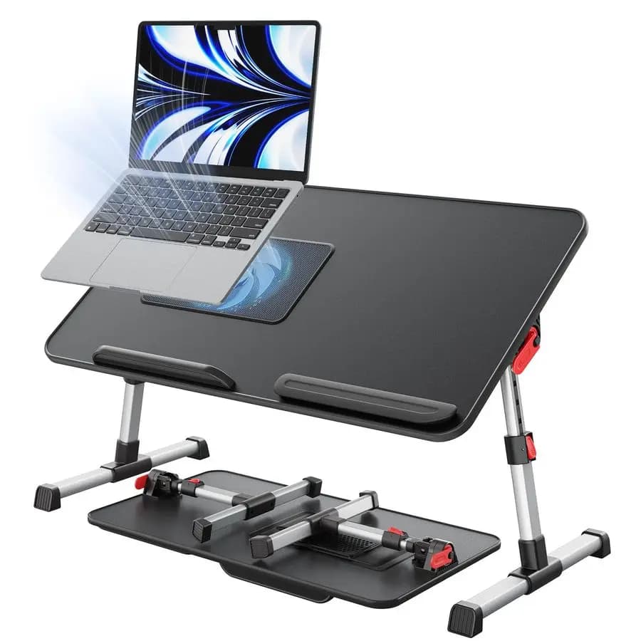 Scrivania da letto con ventola di raffreddamento, supporto per laptop SAIJI regolabile in altezza e angolazione, tavolino da letto, leggero e pieghevole