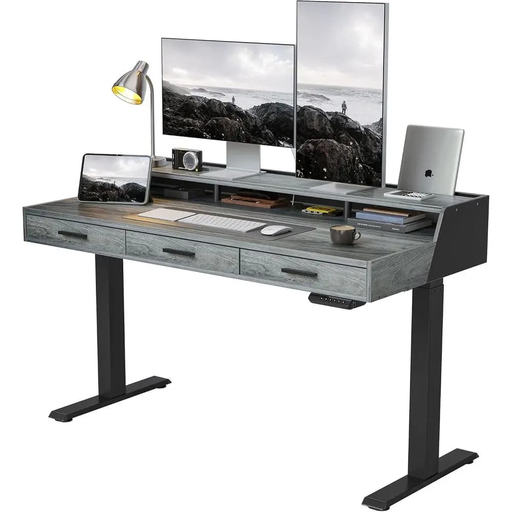 Scrivania Ergonomica Elettrica Regolabile in Altezza, 55x26 con 3 Ripiani in Legno e Supporto per Monitor, Grigio Rustico