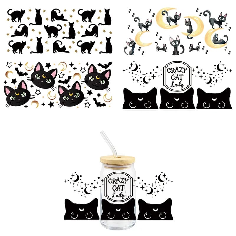 Black Cat UV DTF Wrap Transfer Stickers Cute Cool Design involucro impermeabile per occhiali tazze tazze decalcomania semplice da usare