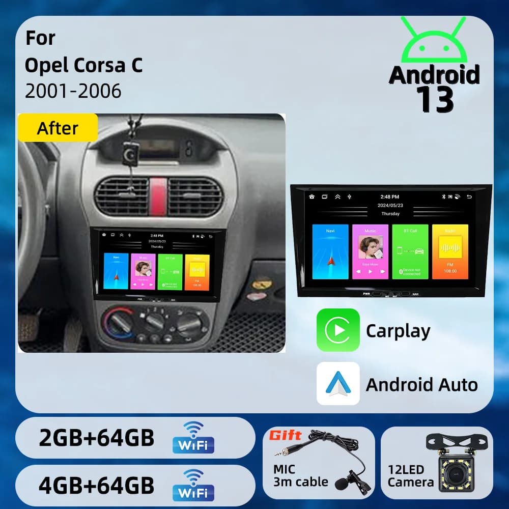 Autoradio Android 2 Din con Carplay, GPS, WIFI, Schermo da 8 Pollici, Stereo Multimediale per Opel Corsa C 2001-2006