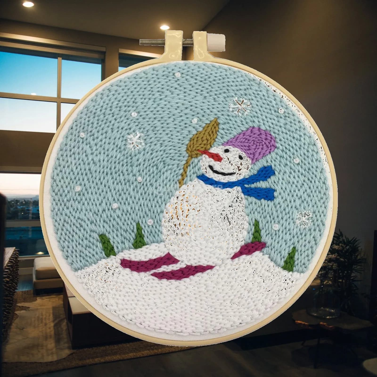 Punch Embroidery Kit Complete With Pre Printed Pattern Cloth Hoop Yarn Tool for DIY work Beginners Adults Children