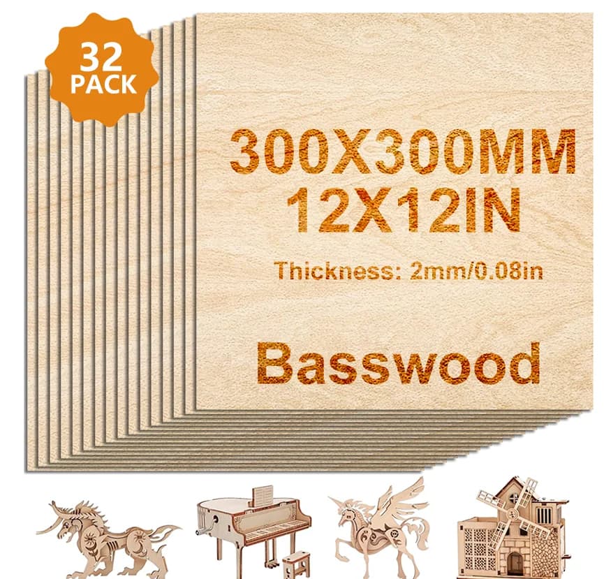 4/8/16/32 pieces of unfinished lime plywood, 12x12 inches, thickness 2 mm, for diy crafts, laser engraving, wood burning, model bu