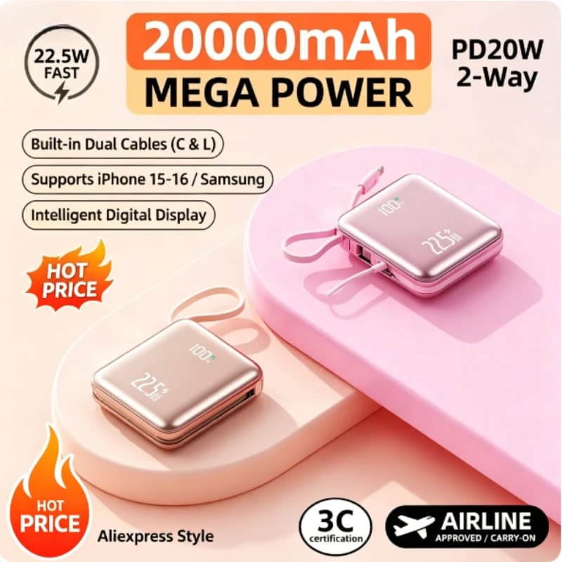 20000mAh CCC Mini Cute Power Bank with Built-in Cable 22.5W Fast Charging for iPhone Xiaomi Samsung