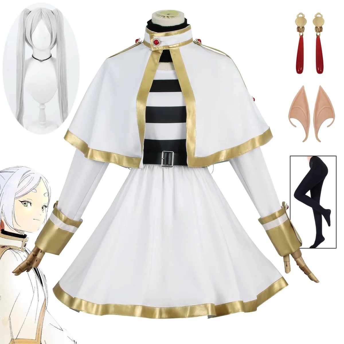 Sousou No Frieren Cosplay Costume Anime Wig with Elf Ear and Shoes Set Mago Dress for Women Halloween Christmas Party