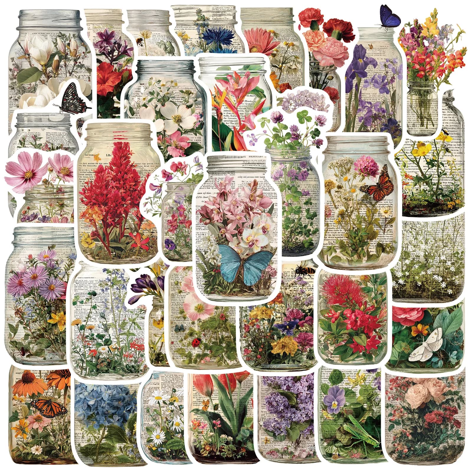 50 pezzi di piante vintage, fiori, vasi, adesivi, adesivi estetici, decalcomanie floreali per scrapbooking, creazione di carta per diario