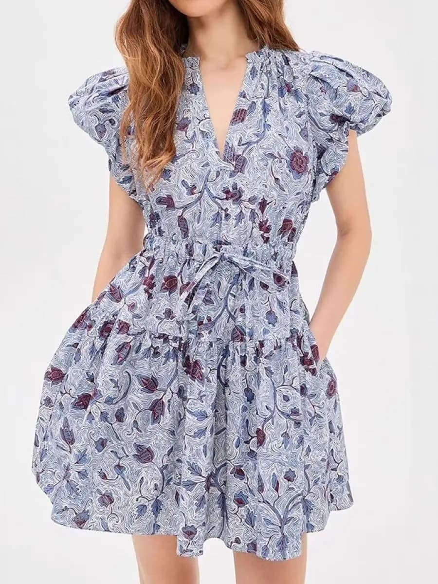 Women Flower Printed Dress V-Neck Puff Sleeve High Waist Fashion Mini Robe