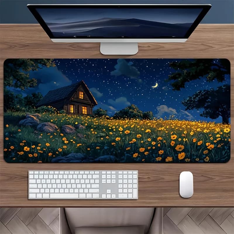 Tappetino per mouse Starry Night Cabin Field, tappetino da scrivania in gomma antiscivolo extra large per ufficio e giochi