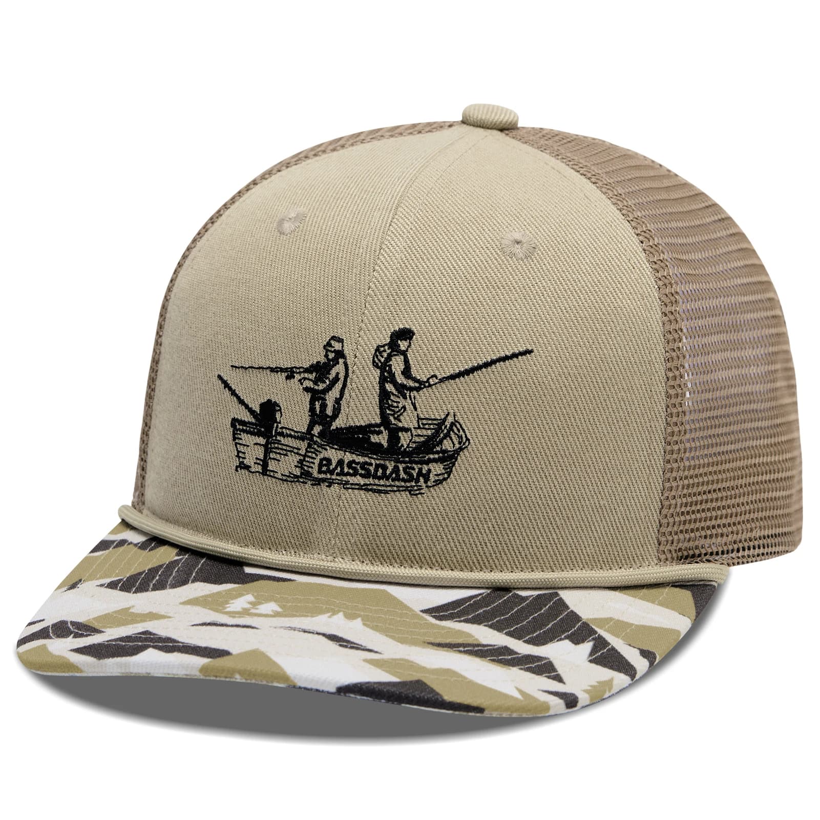 BASSDASH Camo Rope Trucker Hat berretto da Baseball ricamato regolabile con retro in rete per anatra cervo caccia pesca a mosca campeggio