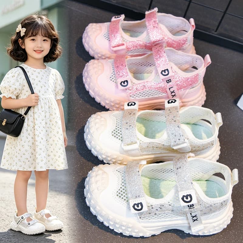 Kids Girls Glitter Mesh Sport Sandals Adjustable Velcro Strap Chunky Non-slip Sole for Summer Outdoor & Daily Casual Wear
