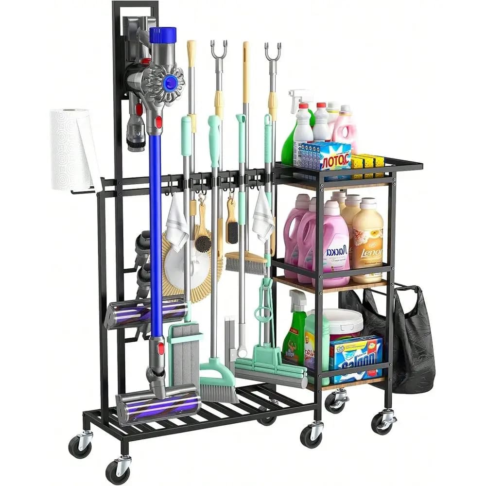 Carrello multiuso su ruote, organizer multifunzionale per attrezzi e forniture per la pulizia con supporto per scopa e mocio, supporto per aspirapolvere compatibile Wi