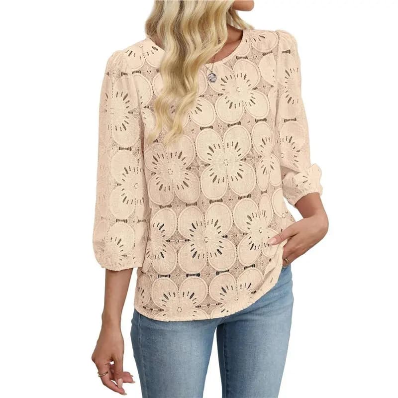 CYL-Camicette da donna eleganti e casual, top con maniche a 3/4, camicie in pizzo traforato, abbigliamento per vacanze al mare