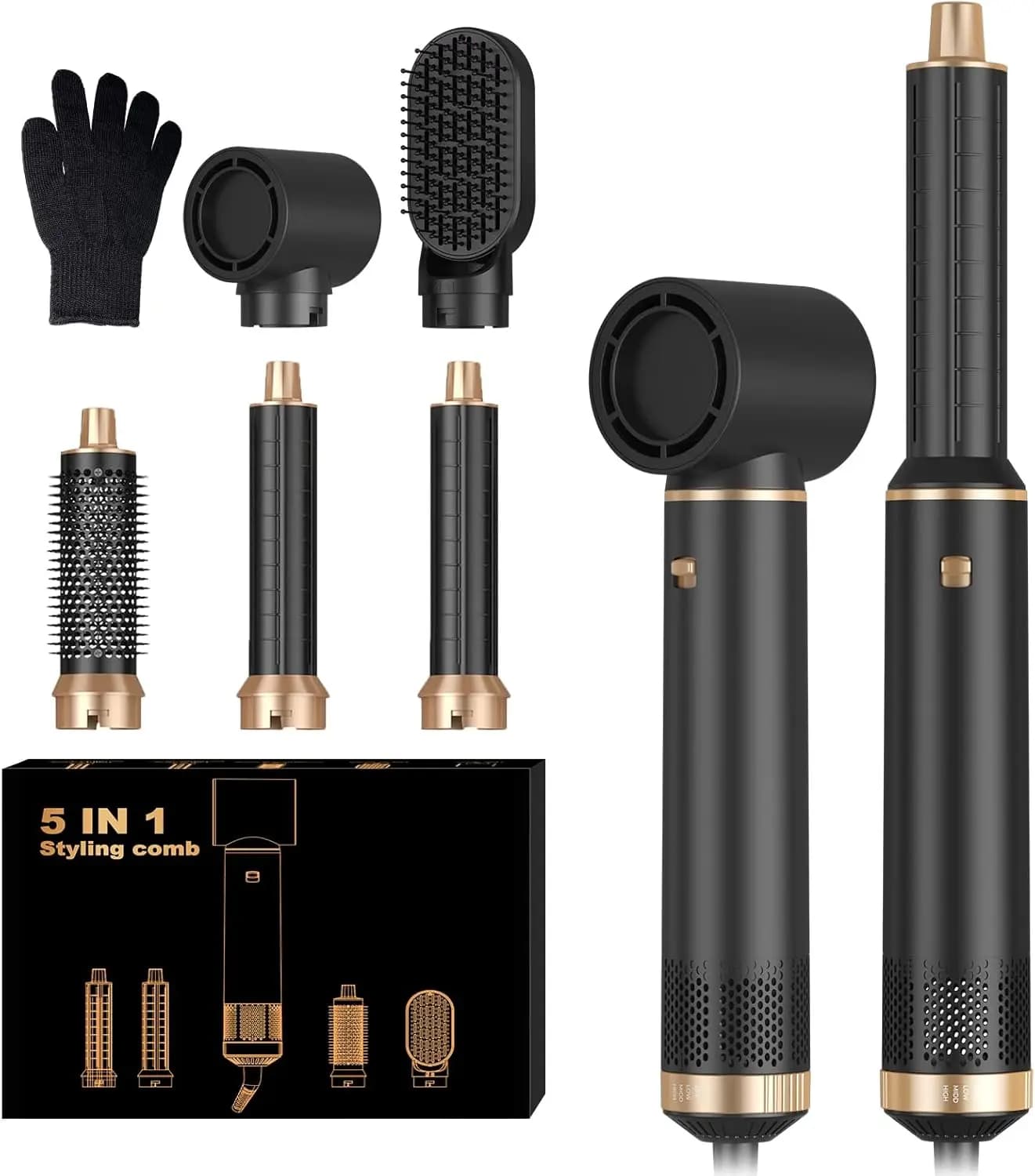 Set of brushes for hair dryer 5 in 1 with negative ion technology to iron, curl and dry hair