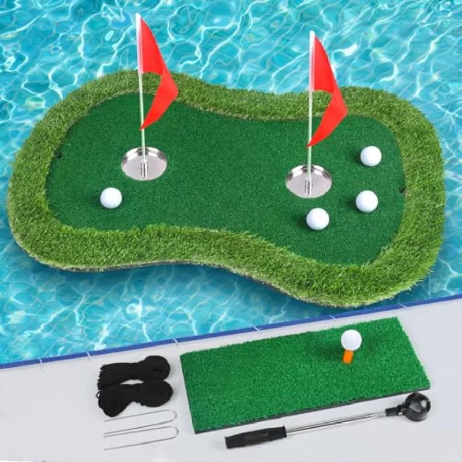 Tappeto da Golf Galleggiante per Piscina/Lago con Tappetino per Chipping, Recupero Palline e Corde Anti-Drift - Set Stabile per Pratica di Putting in Blu per Golf