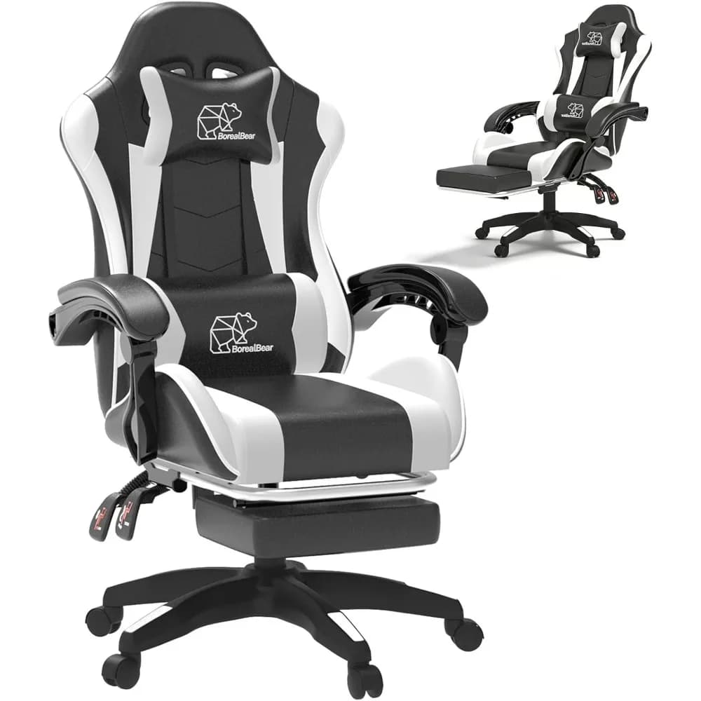 Sedia da gaming per computer, sedia da gaming ergonomica, sedie da ufficio in pelle con poggiapiedi, schienale reclinabile regolabile in altezza bianco+nero
