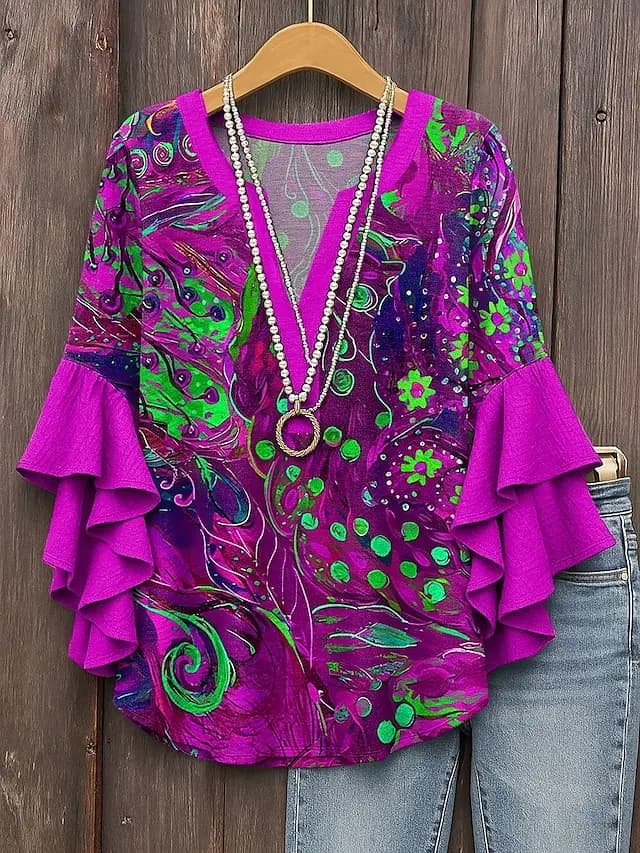 Camicetta da donna con maniche arricciate stampate in stile vintage, leggera, morbida ed elegante, per l'uso quotidiano
