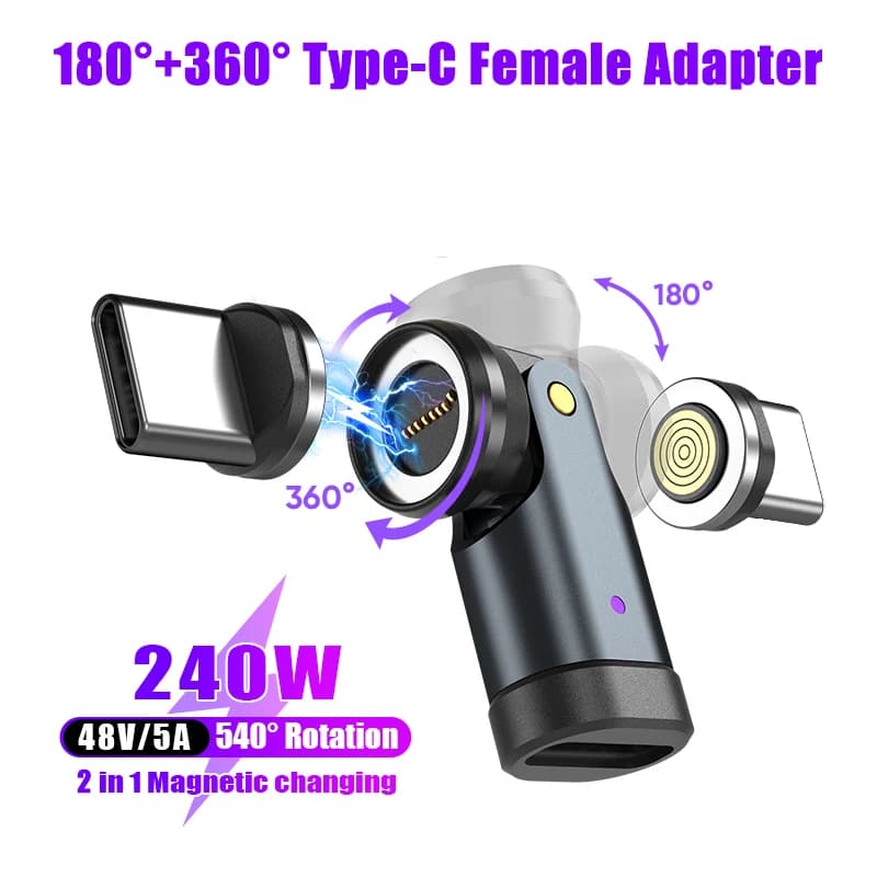 Adattatore Magnetico PD3.1 240W per Ricarica Rapida da Type-C a USB-C OTG, Convertitore Magnetico USB-C Femmina a 9 Pin Rotazione 540 Gradi per Macbook Samsung
