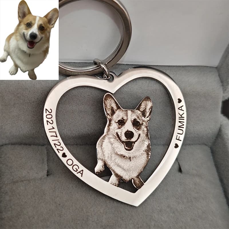 Keyring with Collar Pendant with Custom Pet Photos Personalized Heart Design Keychain with custom photo tag Laser engraved jewelry