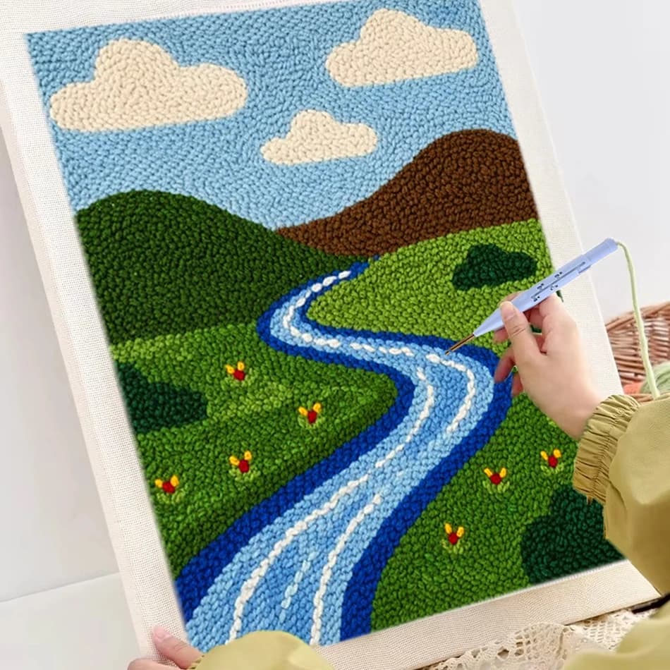 Diy Punch Needle Embroidery Starter Kits Mountain River Landscape Sewing Kit Easy Punch Needle Kits For Beginner DIY Needlework
