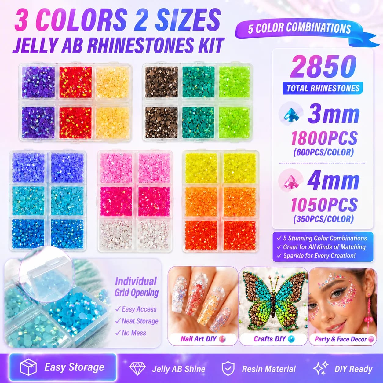2850PCS Jelly AB Resin Flatback Rhinestones Kit with Organizer Box 3-4mm Jelly Bottom for DIY Crafts Clothing Bags Phone
