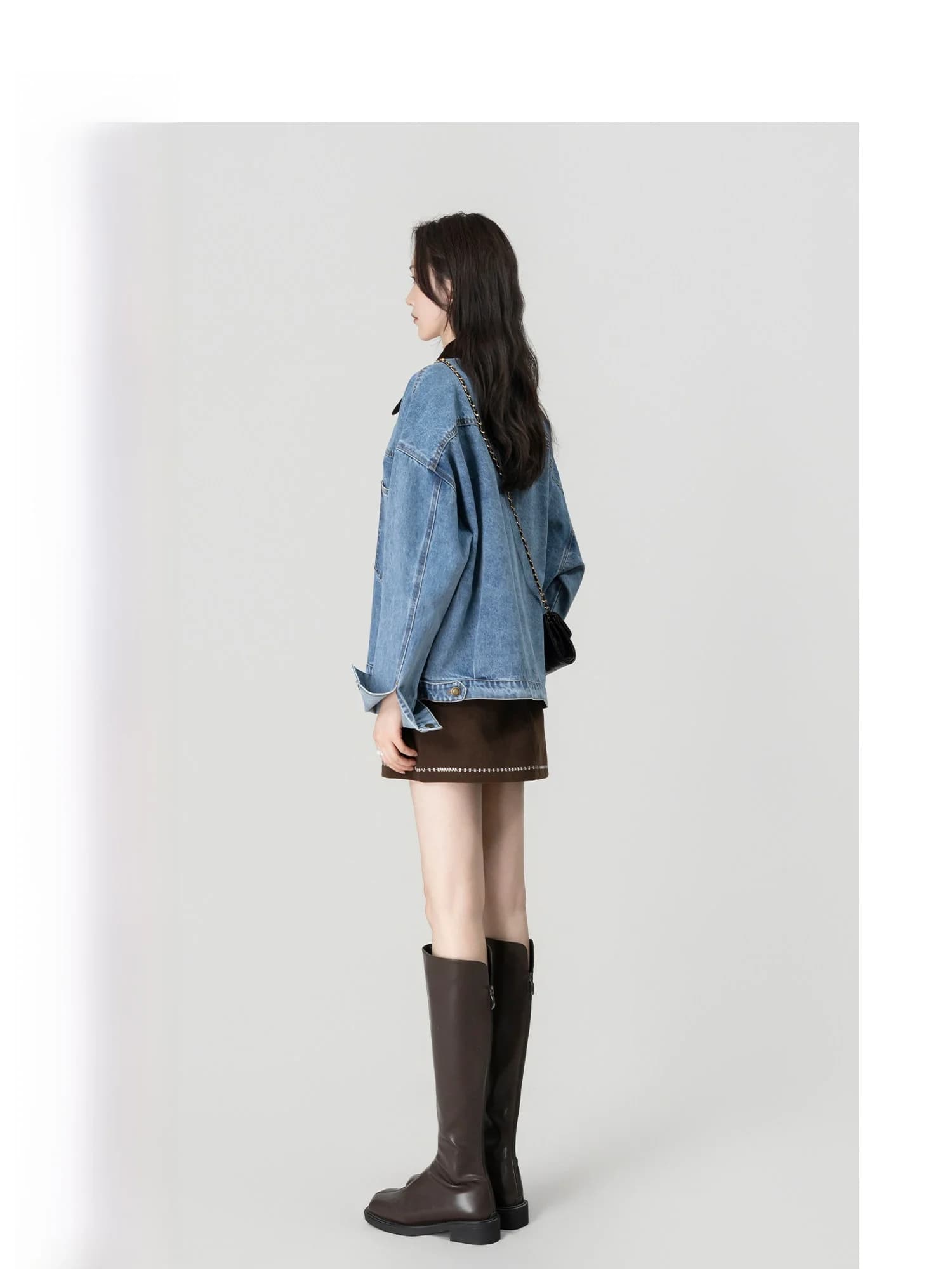 Wavy Egg Casual Style Short Denim Jacket Women's Loose Fit Casual Collar Patchwork Leisure Versatile Korean Style Top